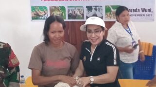 Bupati SBD, Ratu Wulla Talu menyerahkan bantuan bebek kepada orang tua yang anaknya stunting di Desa Mareda Wuni. (nttkreatif.com/Ballack)